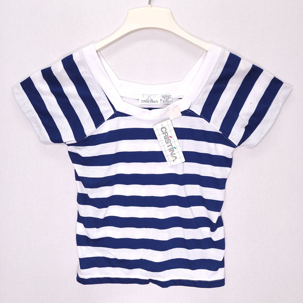 Cristina Vintage‎ 90s Navy White Striped Square Neck Top Womens Medium NWT
